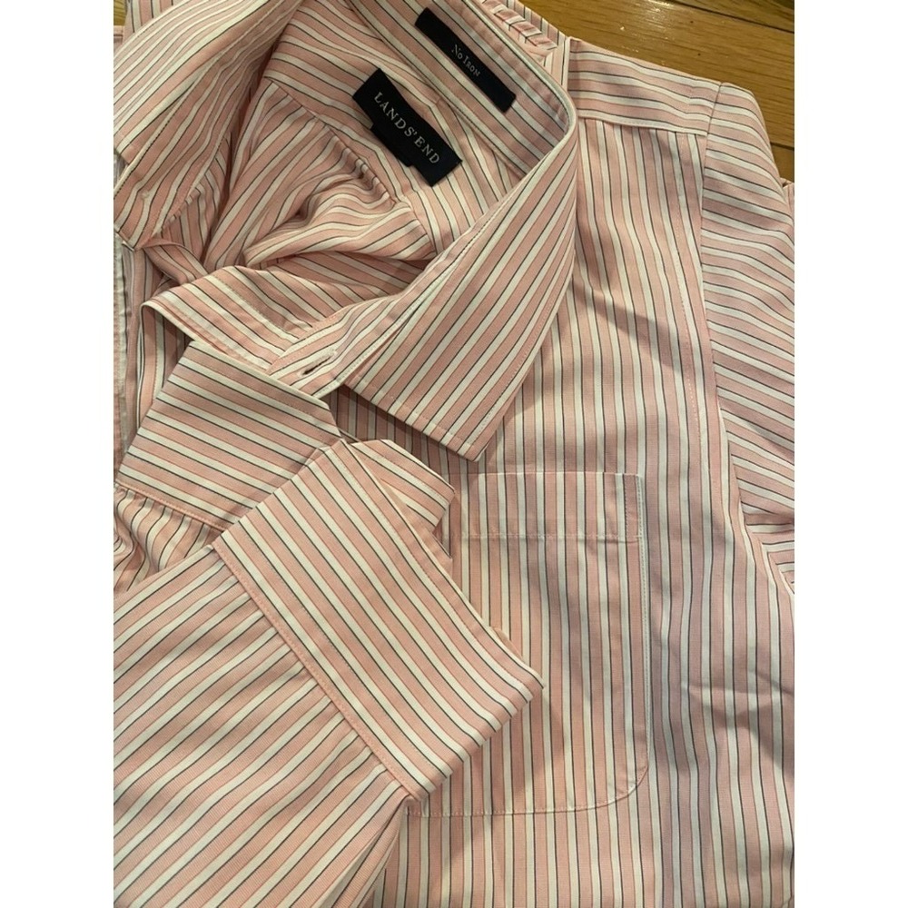 Lands End Mens Tailored Fit No Iron Striped Dress Shirt Pink White 16-35 - Picture 2 of 6